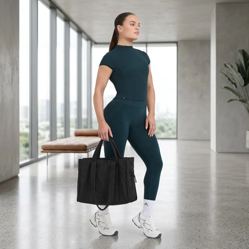 Custom Cotton Puffer Tote Bag with Zipper Closure - Person holds black tote in bright interior; entire bag visible but small relative to person