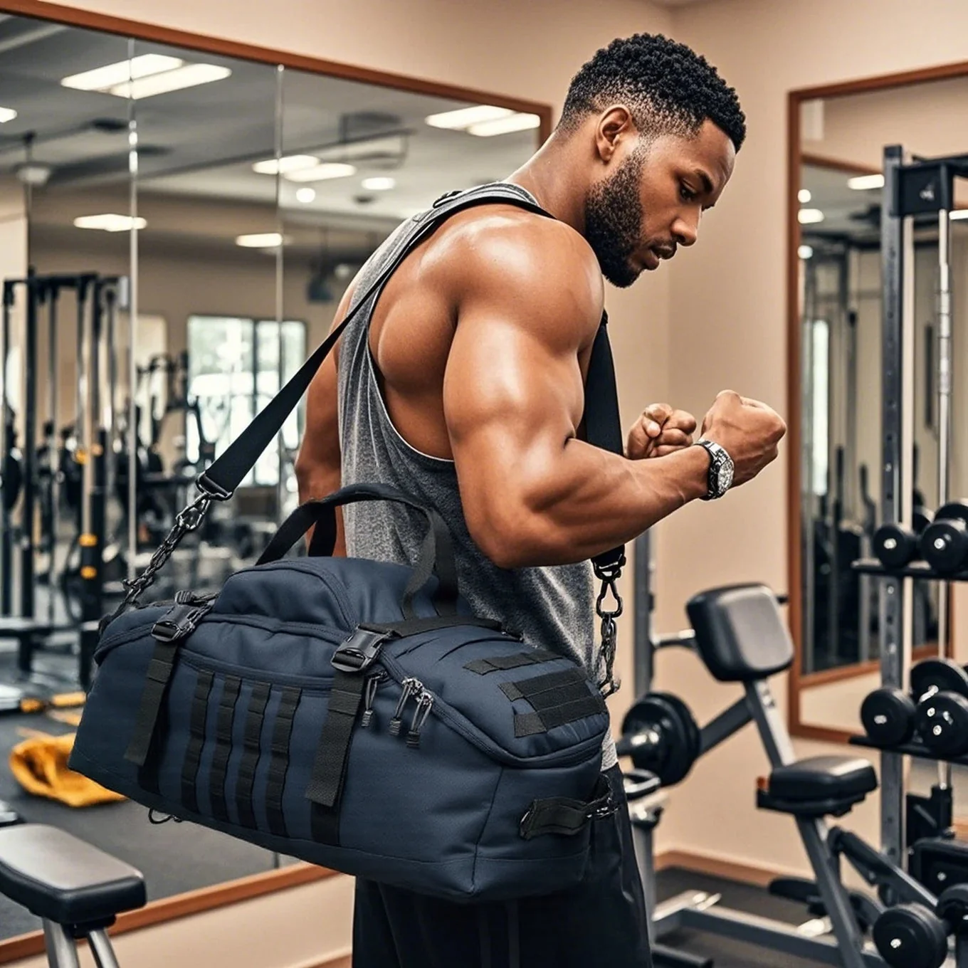 Polyester Tote Shoulder Duffle Bag Larger Capacity Zipper Closure for Gym Spor - Gym shoulder-carry scene; native image confirms entire bag body visible with margin (initial thumbnail crop suspicion cleared)