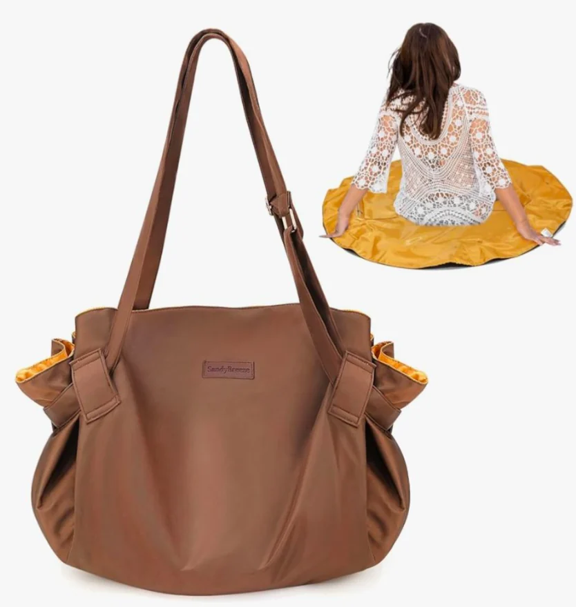 2 In1 Beach Tote Blanket Bag Large Foldable Shopping - Brown picnic tote and mat-use inset