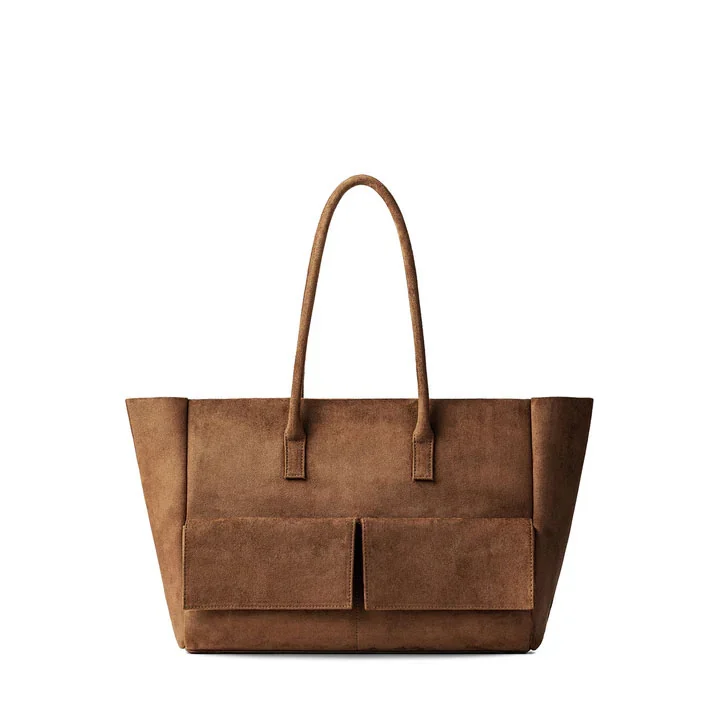 Womens Suede Vintage Tote Bags Large Crossbody Shoulder Bags Zipper G - Brown suede-look tote full front