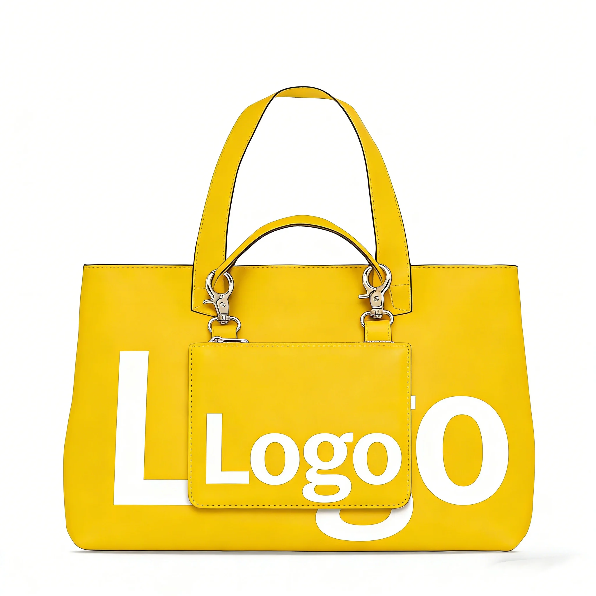 2026 Trendy Solid Color Knitted Tote Bag Set Open Closure Large Shopping Handb - Yellow tote with detachable pouch and neutral Logo mockup