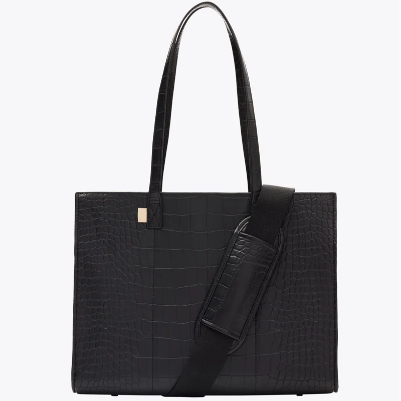 Fashion Shoulder Bags Large Work Business Tote Bag for - Black textured tote full front and shoulder strap
