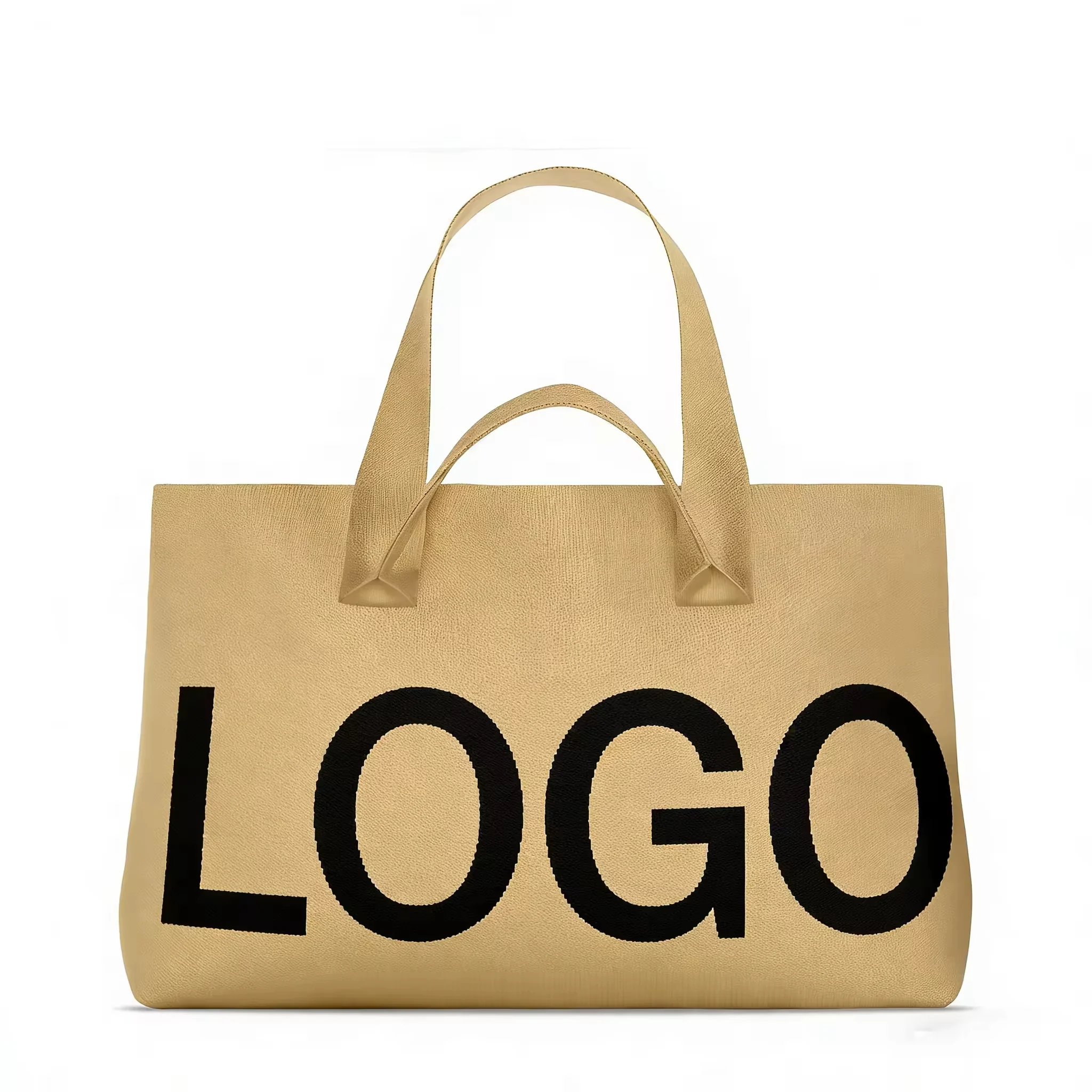 Large 3D-Knitted Bag Grocery Beach Tote Women Jacquard Shoulder Tote Bag Knit - Tan tote front, neutral LOGO mockup