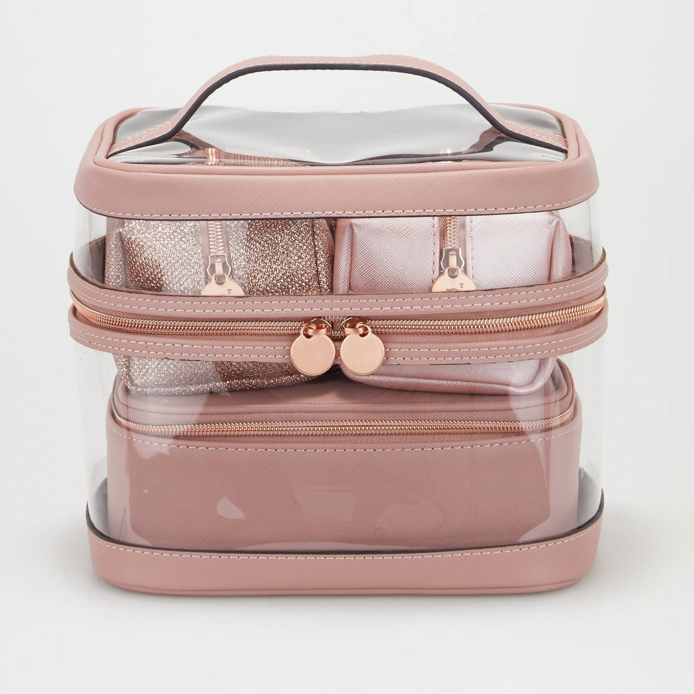 Large Size Travel Clear Cosmetic Makeup Artist Pvc Bag Toiletry Bag Organizer - Pink transparent cosmetic case full view with inner pouches