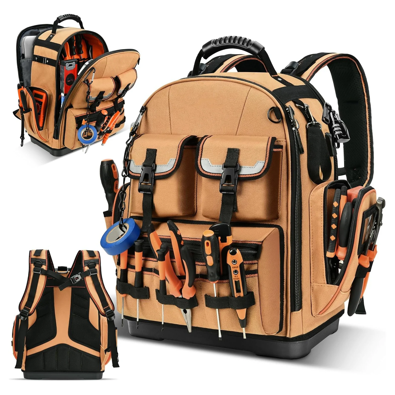 Custom Tool Backpack Electrician Tool Box With Molded Base Tan Water Resis