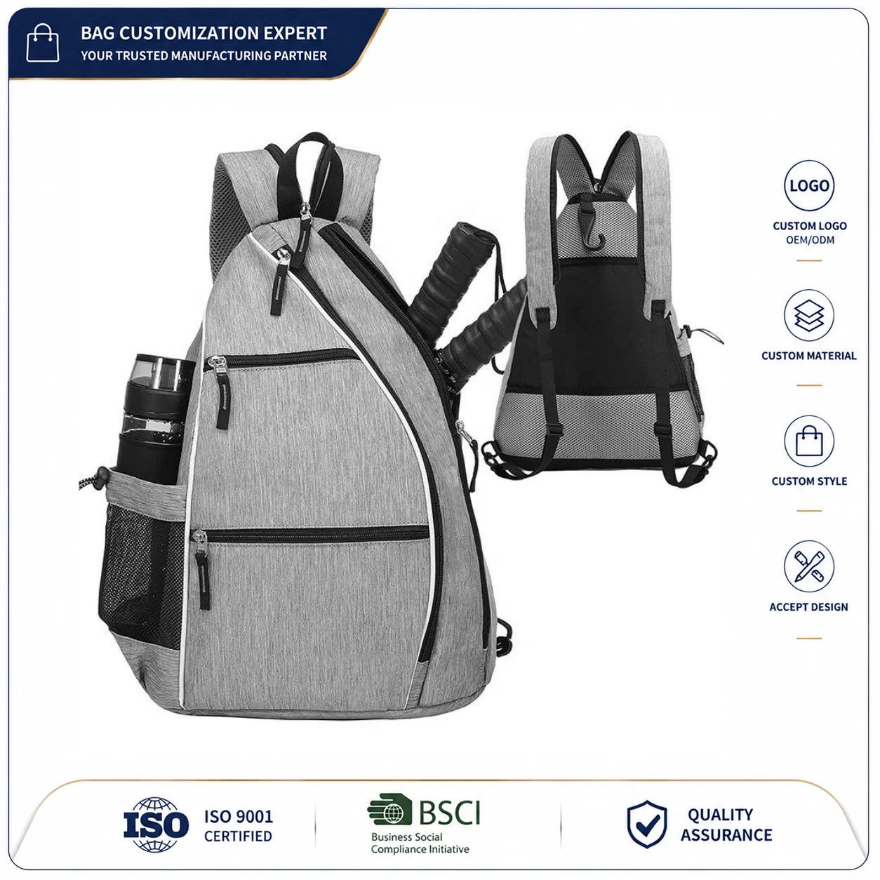 Custom Tennis Racket Crossbody Sling Bag clean product or use-scene view