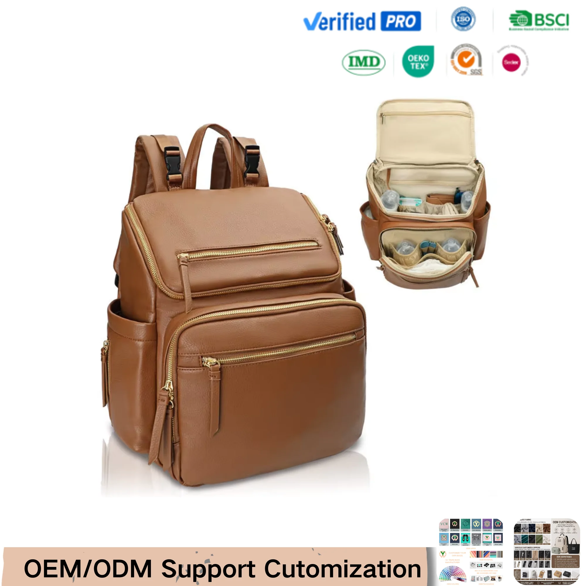 Custom faux leather mommy backpack for private label bag manufacturing