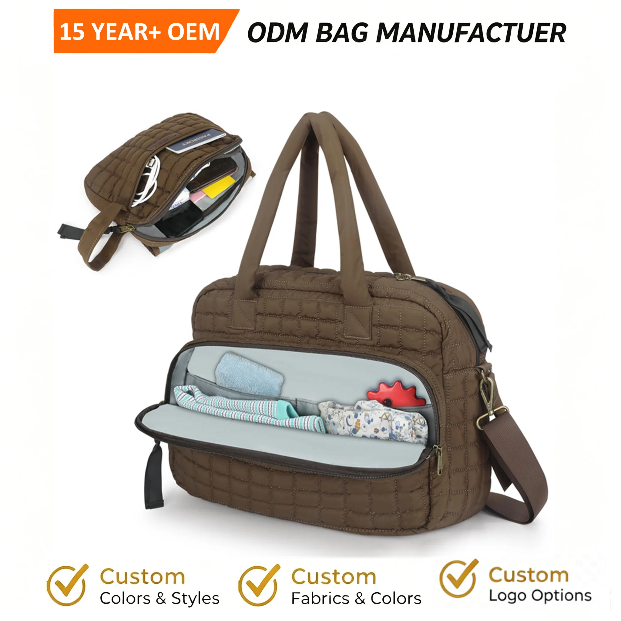 Custom quilted mommy tote bag set for private label bag manufacturing