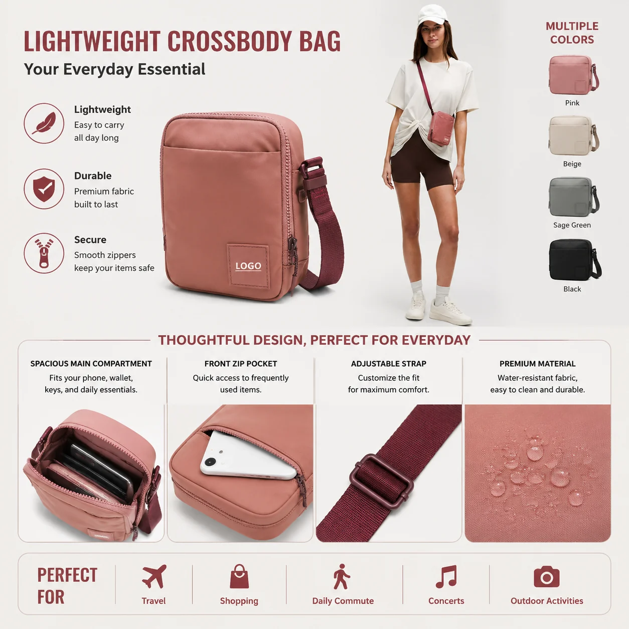 Custom Personalized Nylon Zipper Closure Casual Fashion Sport for private label bag manufacturing