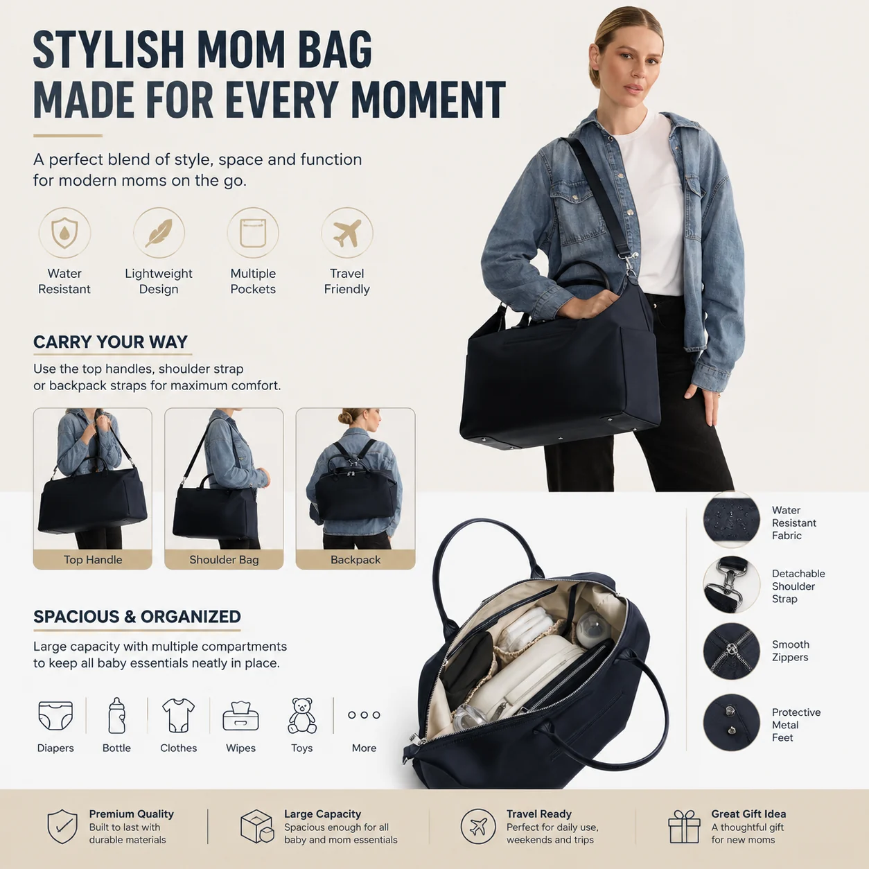 Custom Mommy Baby Nylon Backpack Handbag-Multifunctional Large Capacity