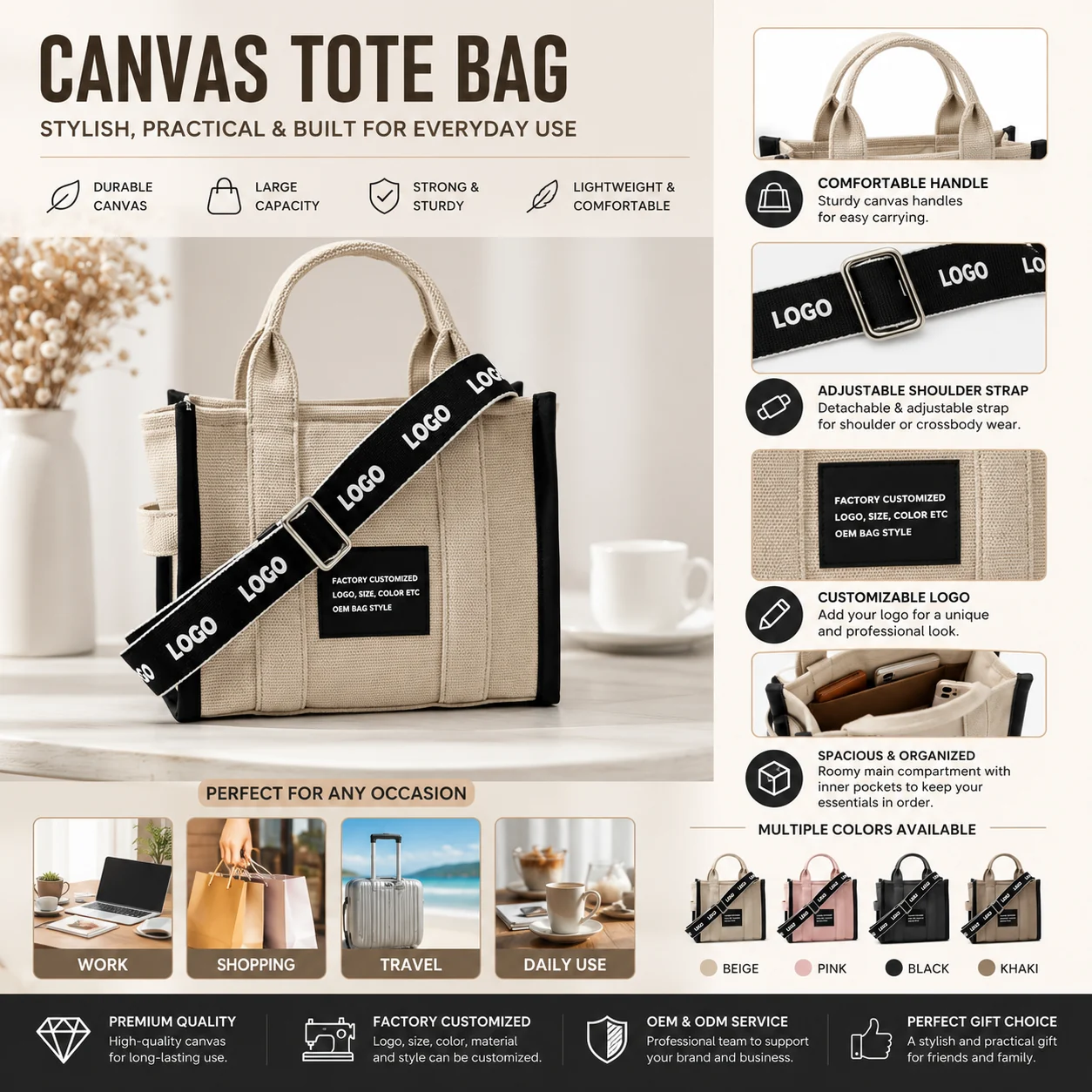 Custom Unisex Polyester Casual Tote Bag with Zipper for private label bag manufacturing